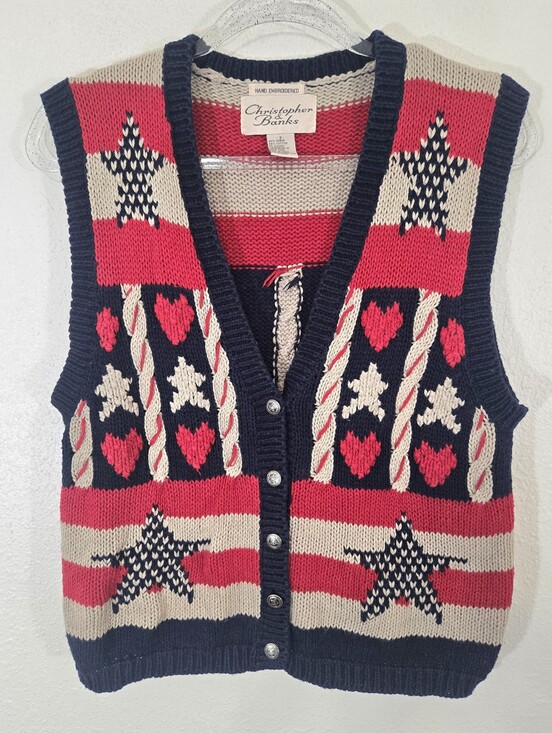 Christopher & Banks Sweaters - Christopher & Banks Americana Vintage Red/Navy/Tan Star Heart Button Vest, S
